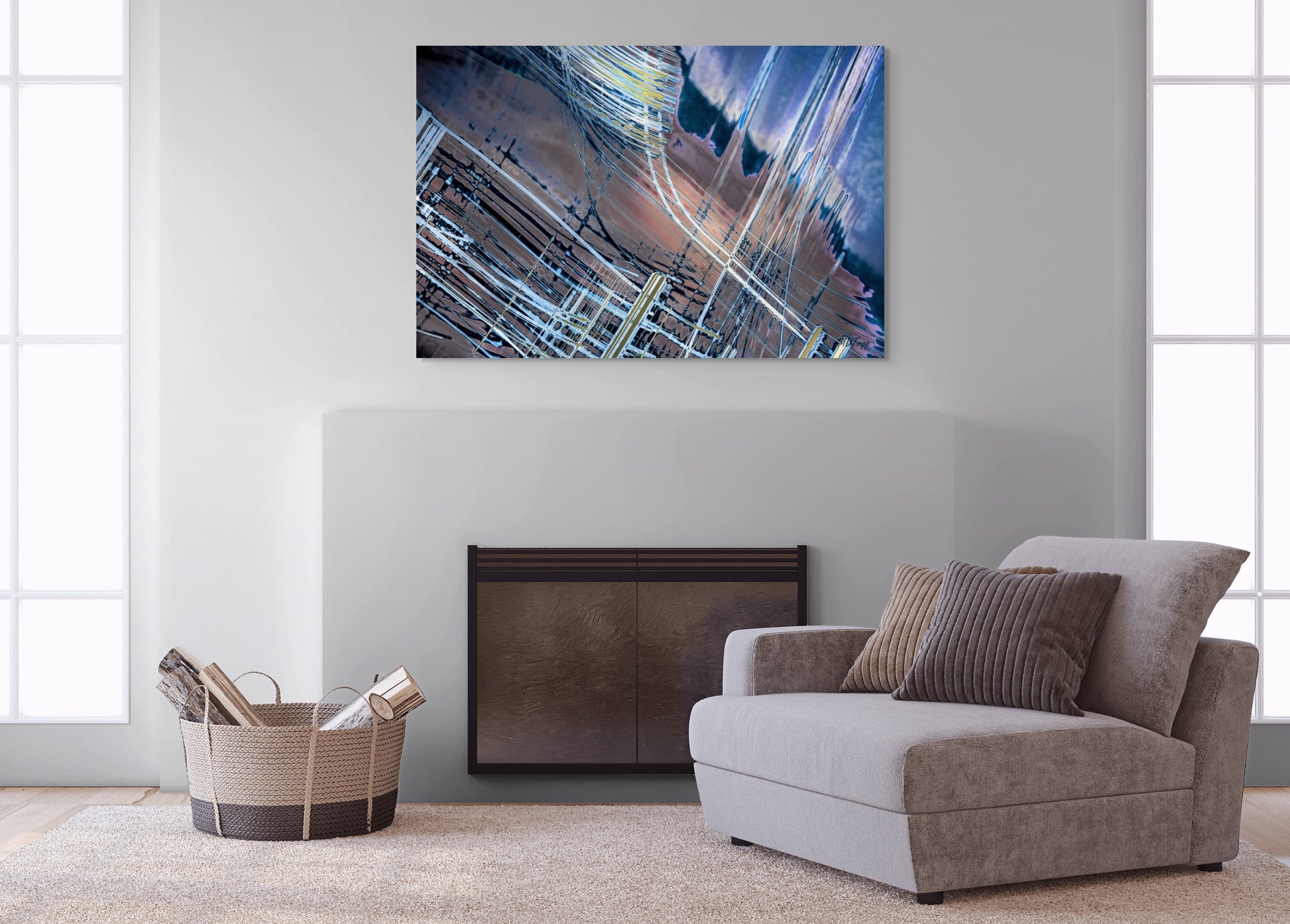 A dynamic painting titled 'Two Lives of the Metropolis,' showcasing the contrasting elements of city life—bustling activity and quiet solitude—capturing the duality of urban existence.