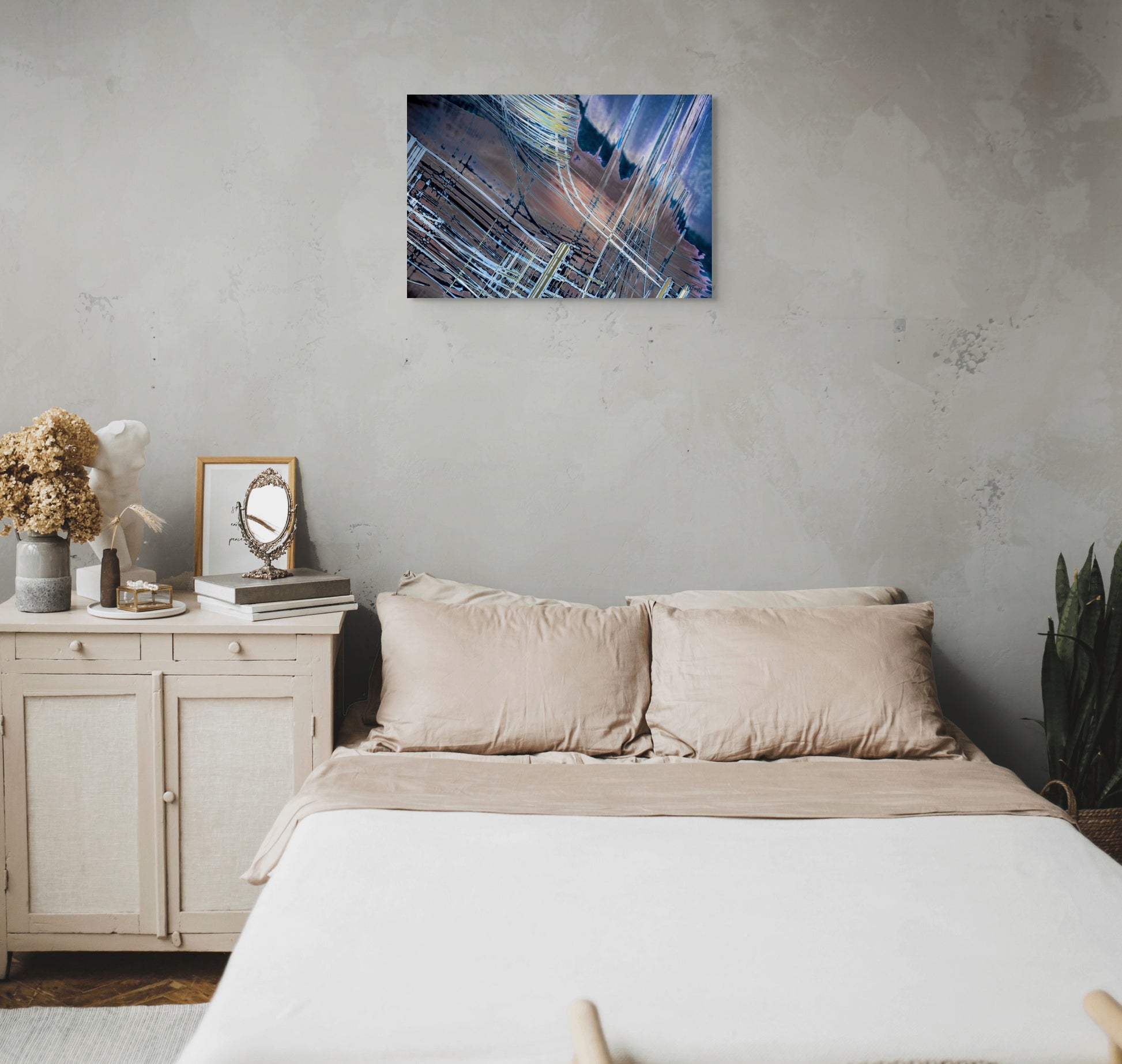 A dynamic painting titled 'Two Lives of the Metropolis,' showcasing the contrasting elements of city life—bustling activity and quiet solitude—capturing the duality of urban existence.