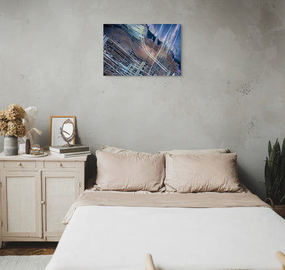 A dynamic painting titled 'Two Lives of the Metropolis,' showcasing the contrasting elements of city life—bustling activity and quiet solitude—capturing the duality of urban existence.