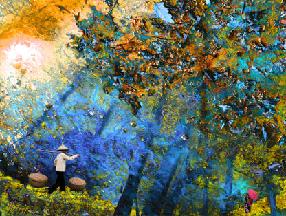 A serene painting titled 'Walking Home Through The Woods,' depicting a peaceful forest path with soft light filtering through the trees, symbolizing tranquility and connection with nature.