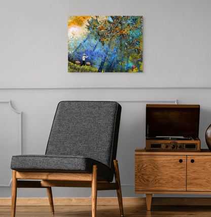 A serene painting titled 'Walking Home Through The Woods,' depicting a peaceful forest path with soft light filtering through the trees, symbolizing tranquility and connection with nature.