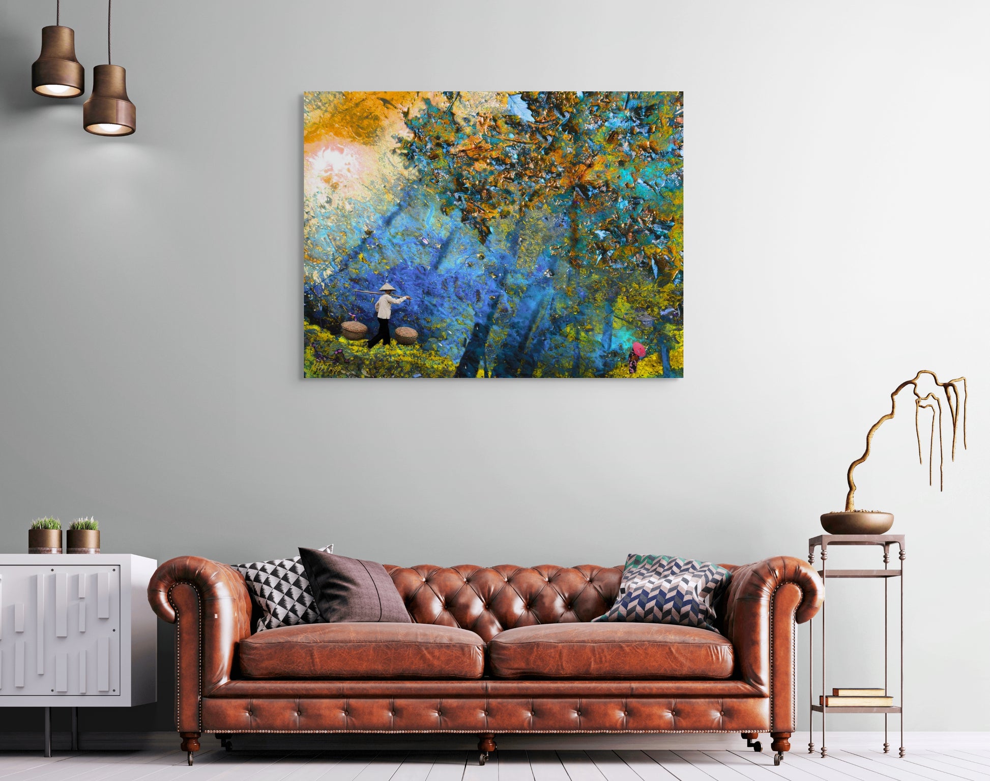 A serene painting titled 'Walking Home Through The Woods,' depicting a peaceful forest path with soft light filtering through the trees, symbolizing tranquility and connection with nature.