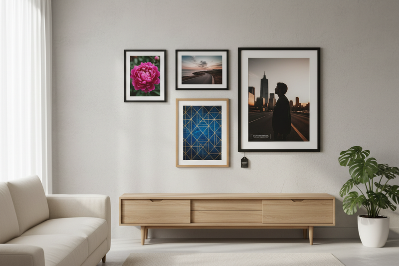 Custom print order — professional wall art prints in multiple sizes displayed in a modern living room